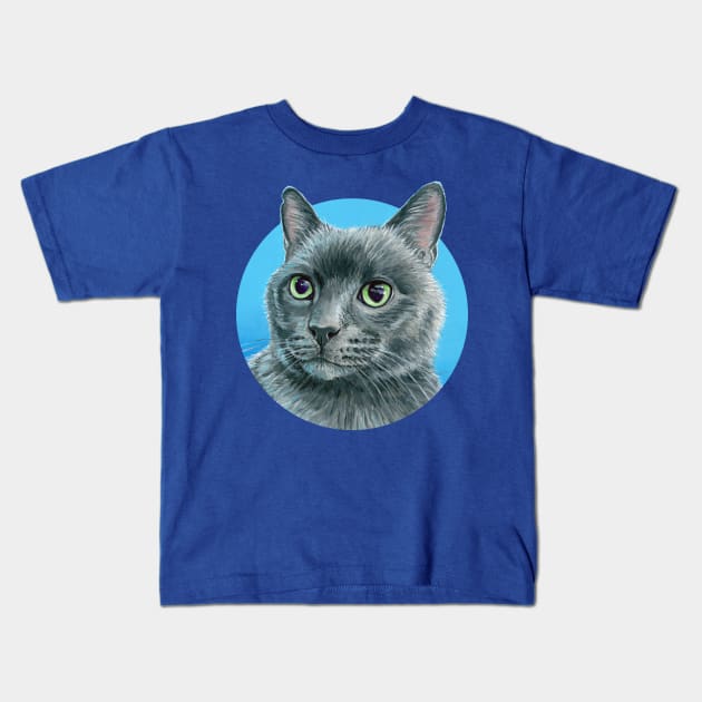 Cute Russian Blue Gray Cat Kids T-Shirt by rebeccawangart